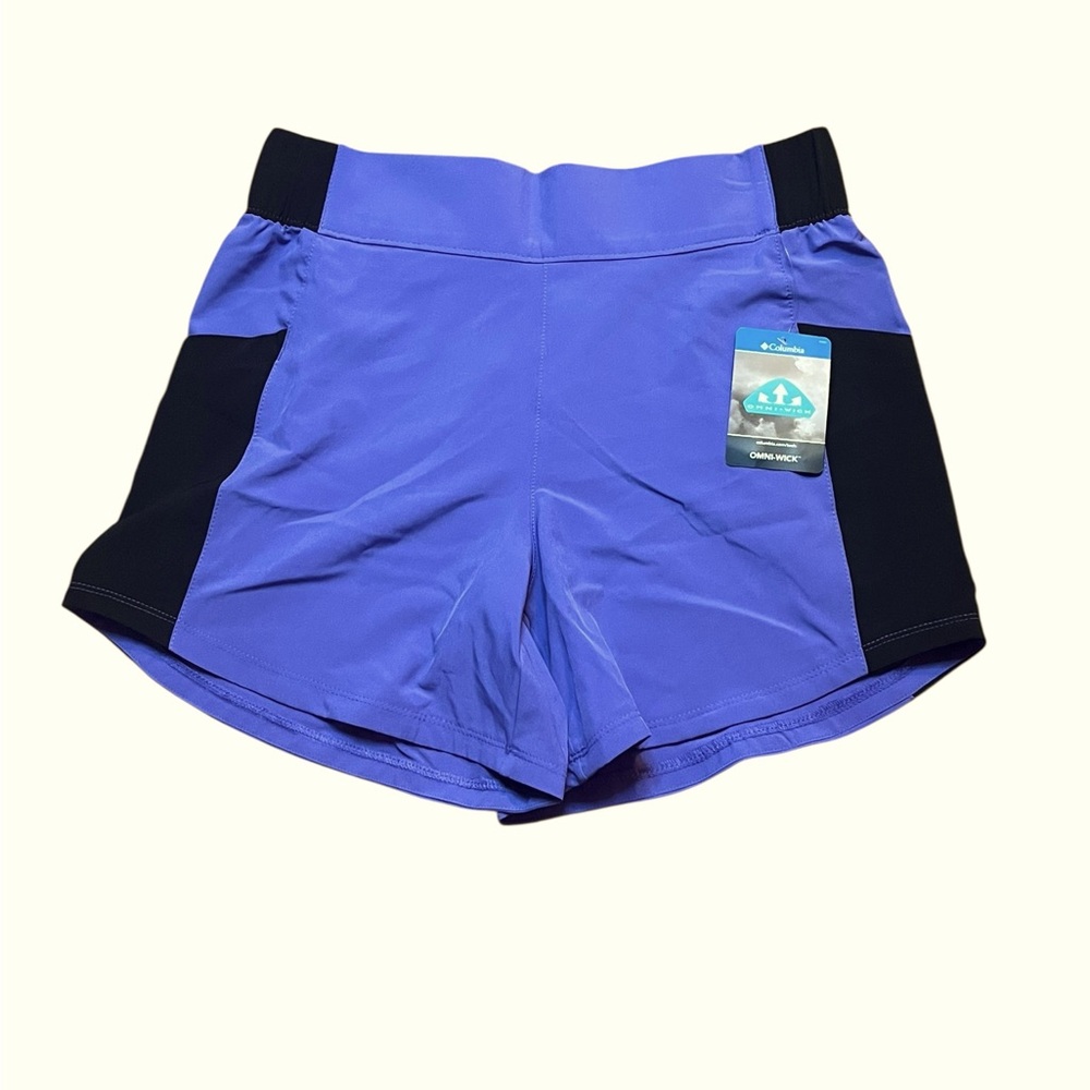 Columbia Women’s Medium Hike Colorblock Shorts Elastic Waistband Purple Black